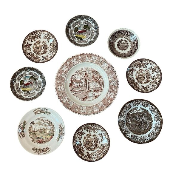 Set Of 9 Vintage Brown Transferware Plates Mixed Sizes And Patterns England - Picture 1 of 15